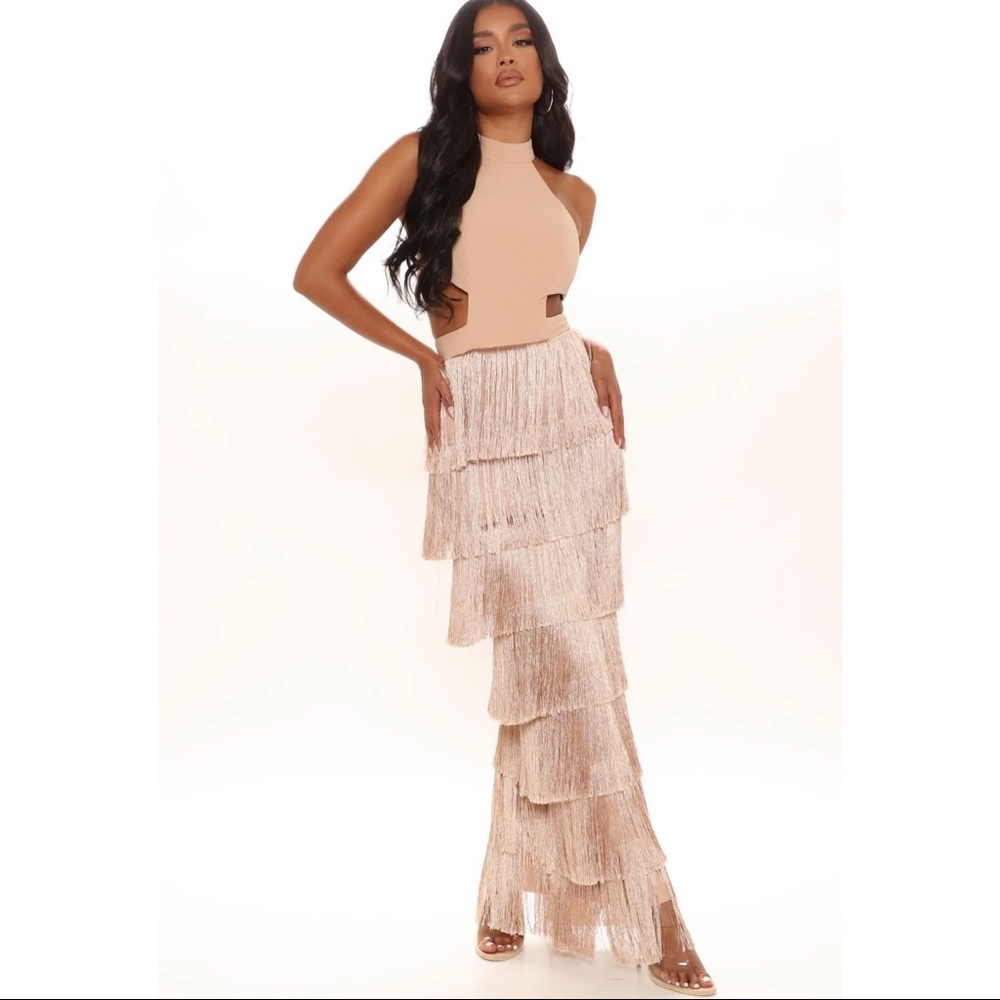 Fashion Nova Beige Fringe Tiered Maxi Dress